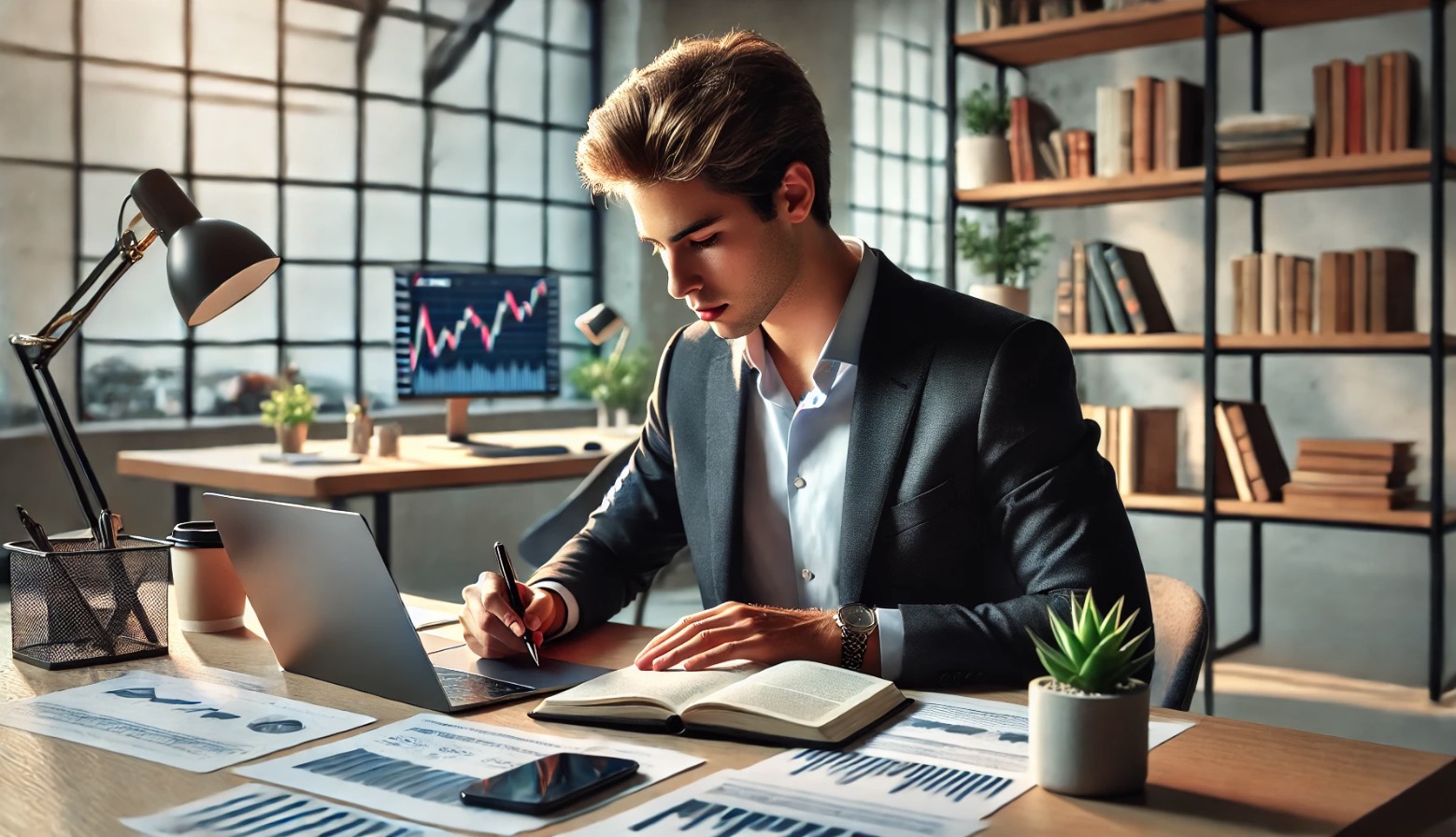 A young professional and beginner investor in a modern workspace, intently doing investment research on a laptop.