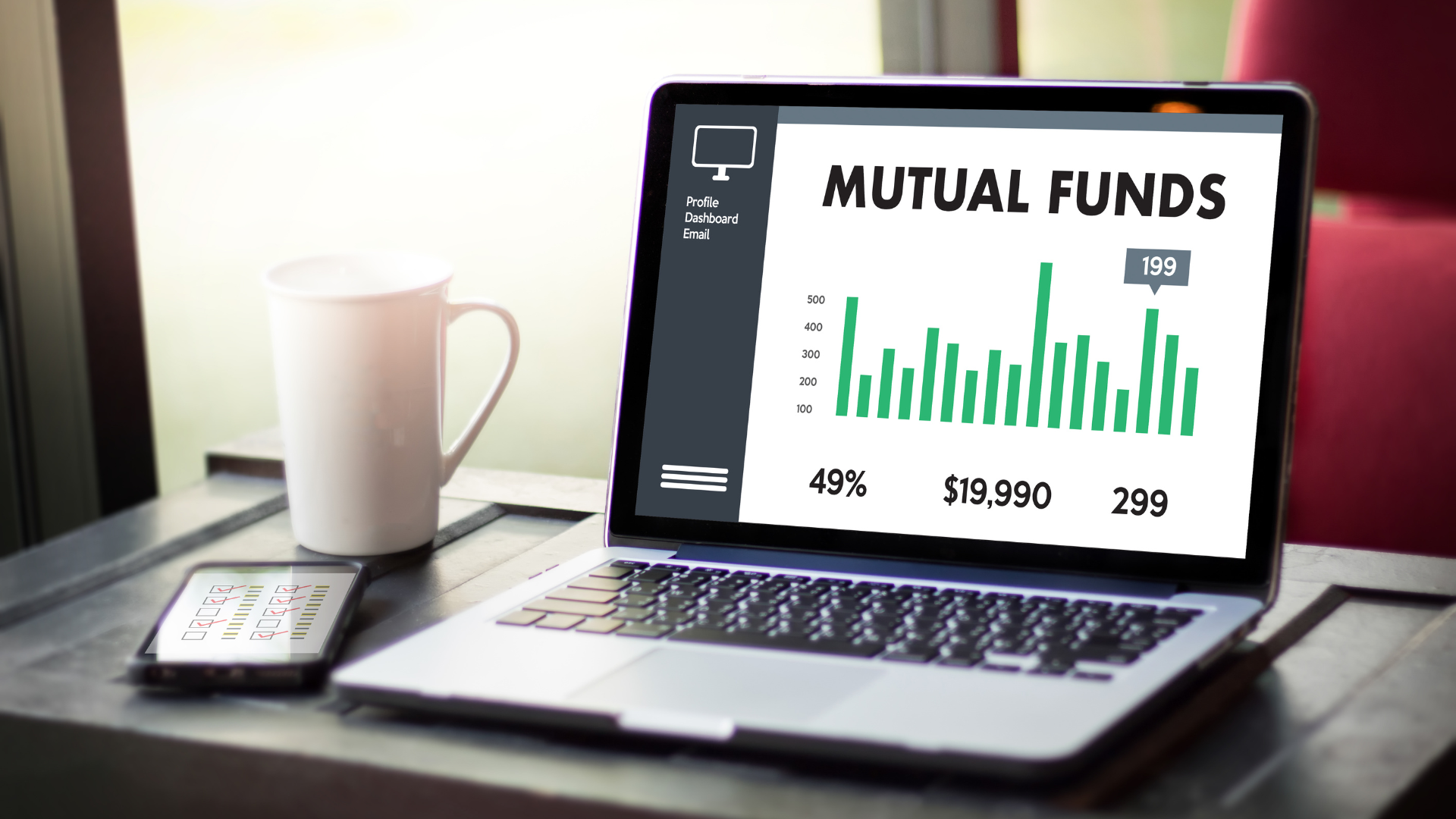 A laptop screen showing mutual funds