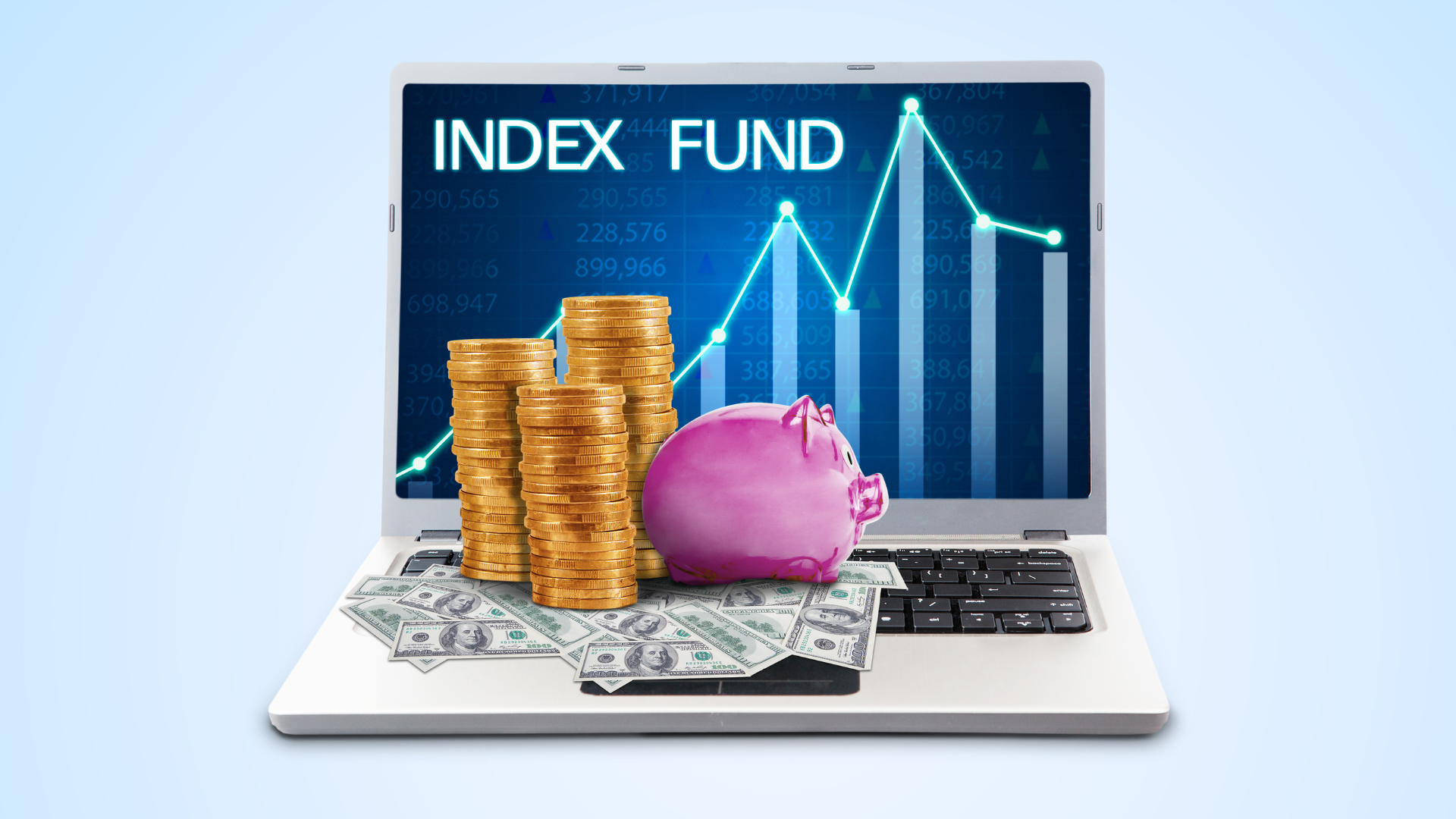 A laptop screen showing index funds